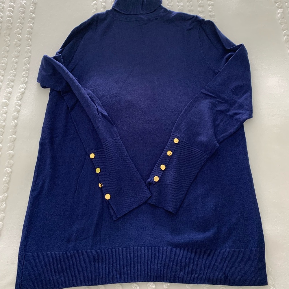 Susan Graver Royal Blue Turtleneck Sweater Top With Gold Button Details